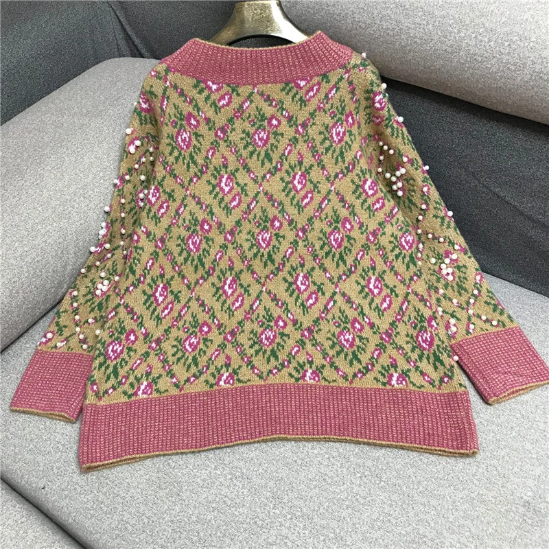 Retro New Korean Sweater Women Handmade Beaded Jacquard Pullover Lazy Wind Knitting Top Autumn Winter Casual Round Neck Loose