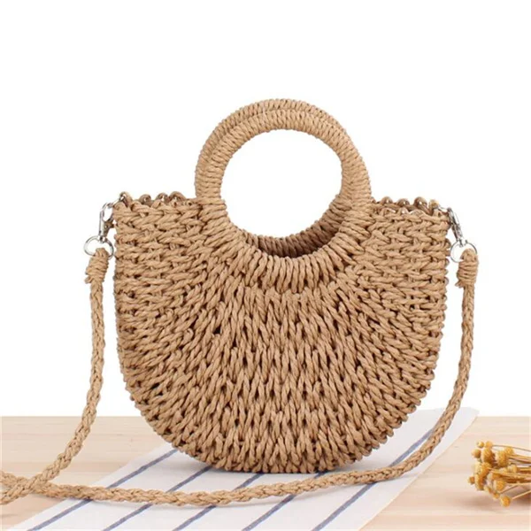 Iogodlnss feitos à mão de meia rodada de vime de palha de salto de palha de verão Mulheres Mensageiras Bolsas de Crossbody Girls Small Beach Bolsa NOVA