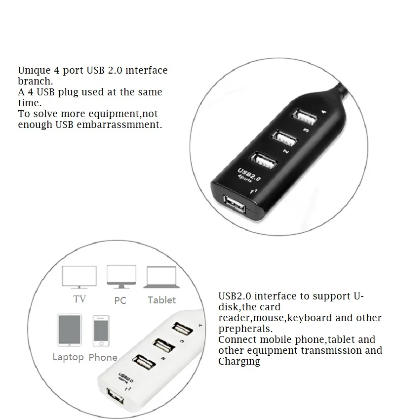 Répartiteur de concentrateur multi-USB portable, 4 ports, USB 2.0 haute vitesse, adaptateur d\'extension multiple pour PC, ordinateur portable,