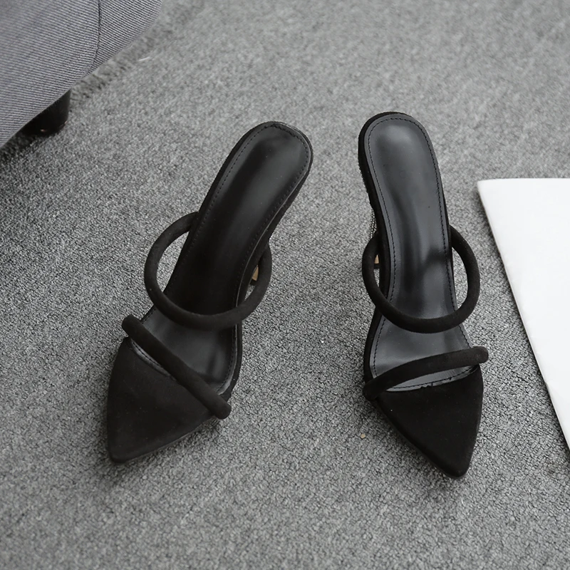 NEW Sexy Glitter Rhinestone pointed end Peep Toe High Heel Slippers Summer Fashion Slip On Thin Heels Slides Women Mules