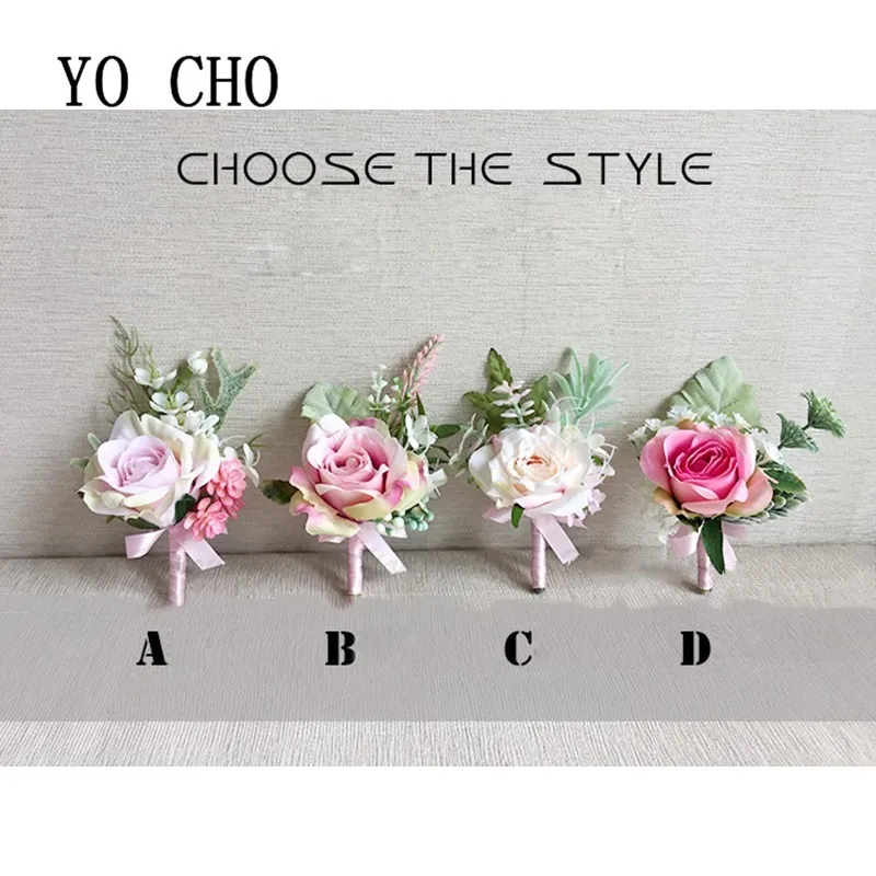 YO CHO Silk Rose Brooch Bridesmaids Boutonniere Men Wedding Corsage Bracelet Flowers Wedding Boutoninere Planner Corsage Flowers