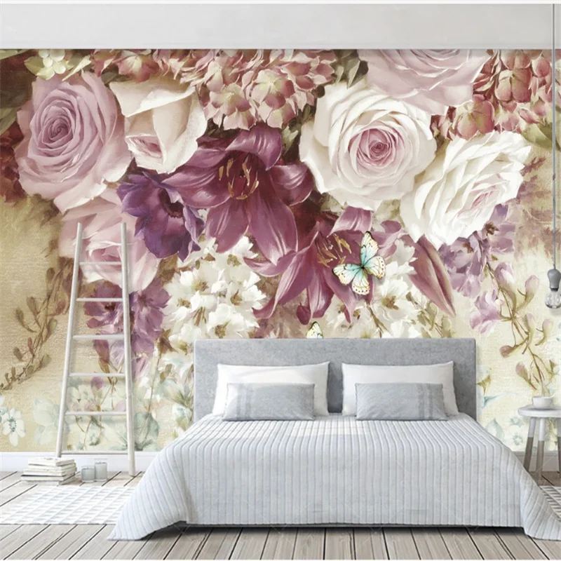 

wellyu Custom wallpaper 3d hand-painted oil painting three-dimensional flower TV background living room background wallpaper