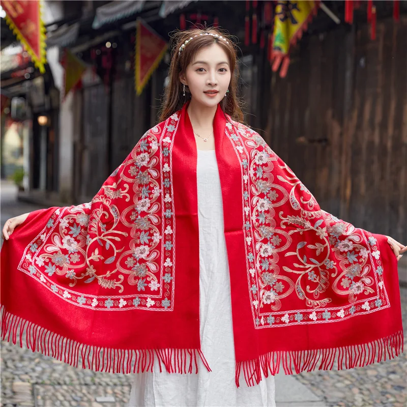 Artificial Cashmere Tassels Pashmina Shawls Autumn Warm Women Scarf Wrap Large Size Cape Bufanda Embroidery Echarpes Poncho