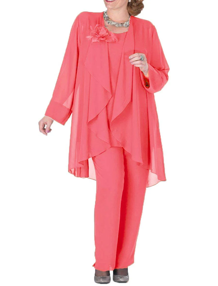 Blush rosa mãe da noiva vestido flor chiffon calças terno 3 peças com jaqueta irregual topos elegante roupa mangas compridas