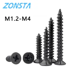 50 Uds M1.2 M1.4 M1.7 M2 M2.3 M2.6 M3 M4 cabeza avellanada cruzada negra tornillo autorroscante cabeza plana tornillos de madera de acero al carbono