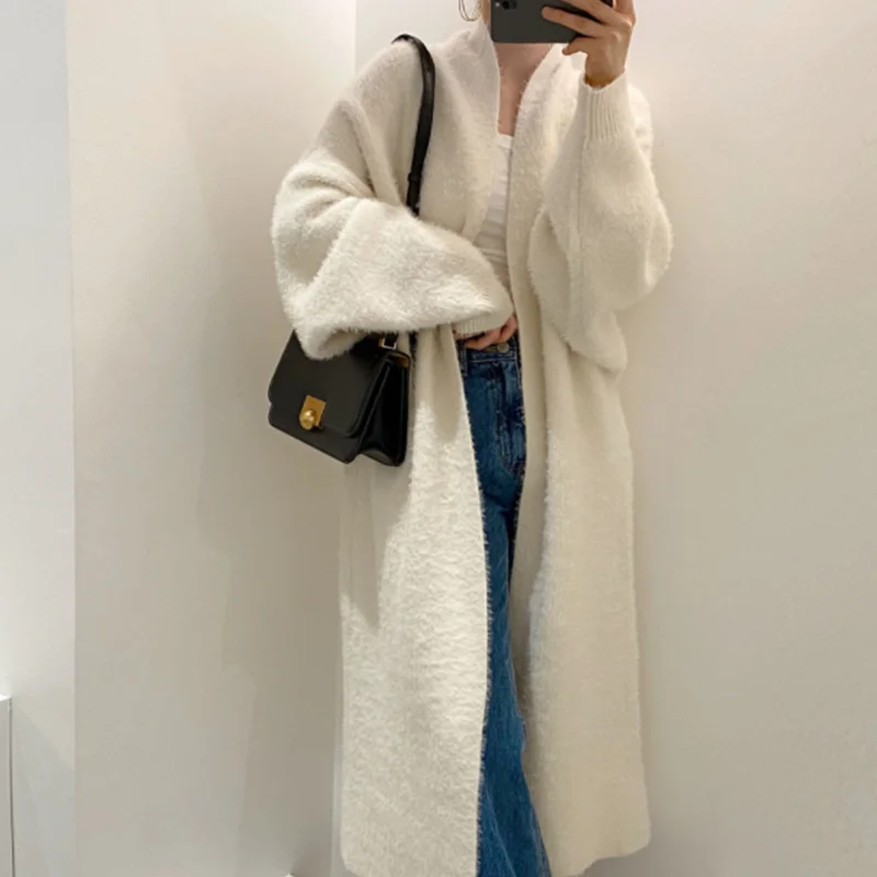 Synthetic Mink Cashmere Women Sweater Cardigan Autumn Winter Batwing Sleeve Knitted Long Cardigan Thick Oversize Fluffy Sweaters