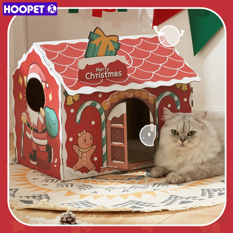 HOOPET Christmas Cat House Cardboard Sctraching Pet Bed Corrugated Papper Box Rabbit Kitten Puppy Nest Christmas Decoration