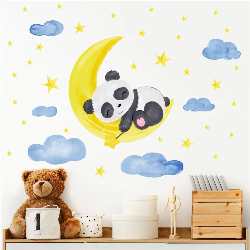 Panda Cartoon Mural Wall Stickers Hanging on The Moon and Stars Are Used for Interior Decoration In Children's Rooms Baby Room