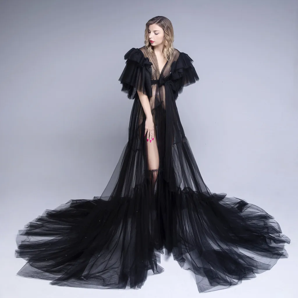 Unique Black Photo Shoot Evening Dresses Sexy See Through Ruffles Tulle Lace Pregnant Women Cape Dress Maternity Baby Shower