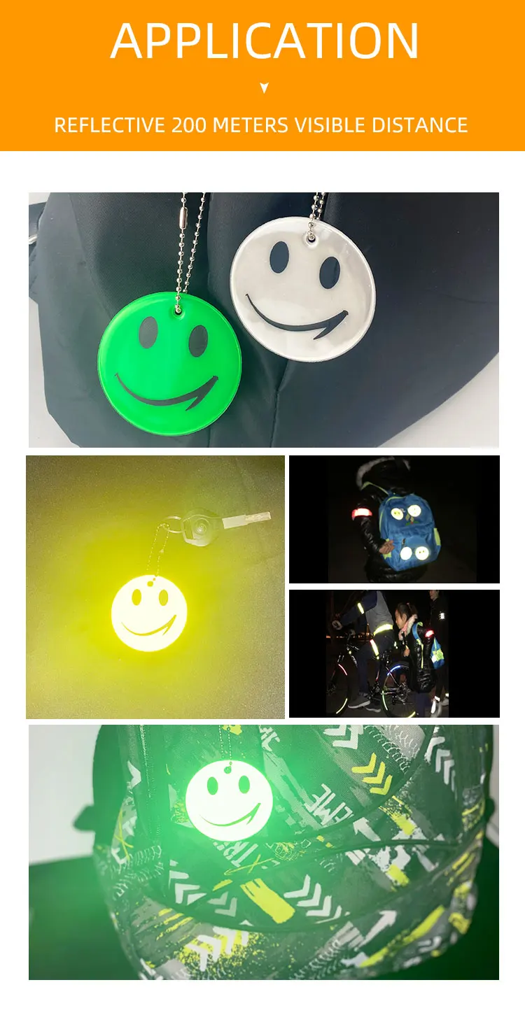 10Pcs 6CM Smile Face Reflective keychains Safety Reflector Bag Pendant Jewelry Accessories Keyrings Night For Kids Women Man