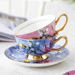 British Style Luxury Afternoon Tea Cup Bone China Coffee Cup Saucer Spoon Lucky bird pattern Ceramic Mug Cafe Party Drinkware