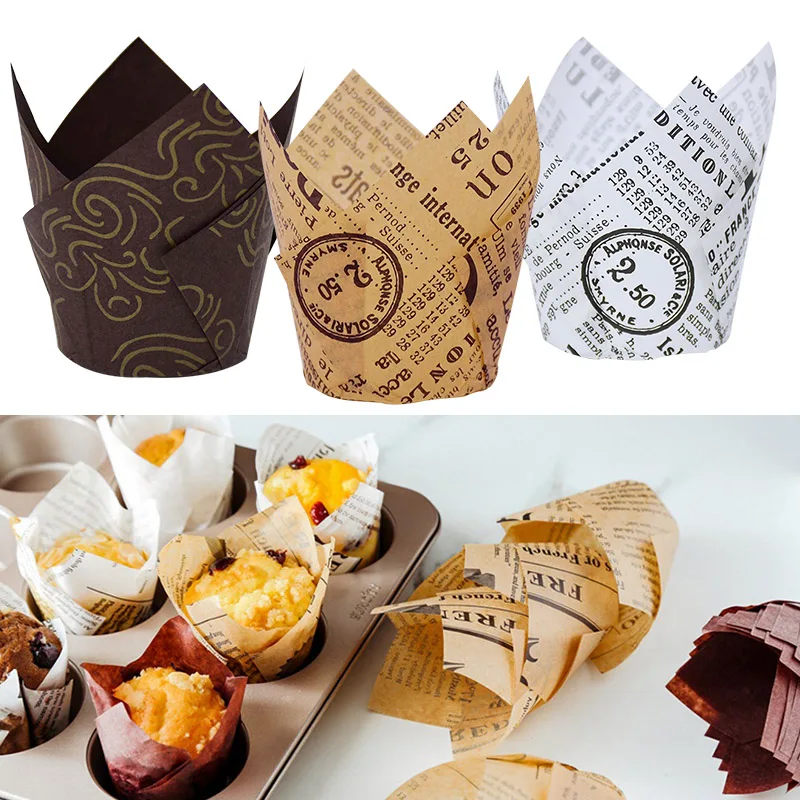 50pcs Newspaper Style Cupcake Liner Baking Cup For Wedding Party Caissettes Tulip Muffin Cupcake Paper Cup Oilproof Cake Wrapper