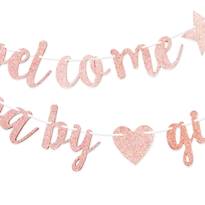Baby Shower Decoration Banner Pink Five-pointed Star Love Welcome Baby Girl Glitter Garland Party Decoration