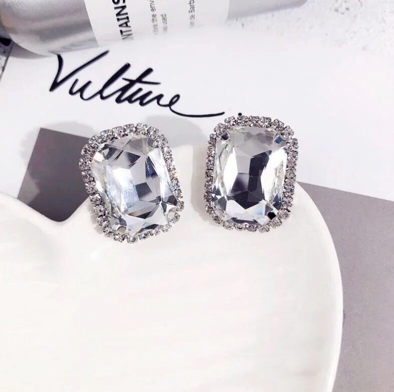 New Large Crystal Square big Stone Rhinestone stud Earrings For Women silvercolor Filled Big punk Earring Boucle D'oreille Femme