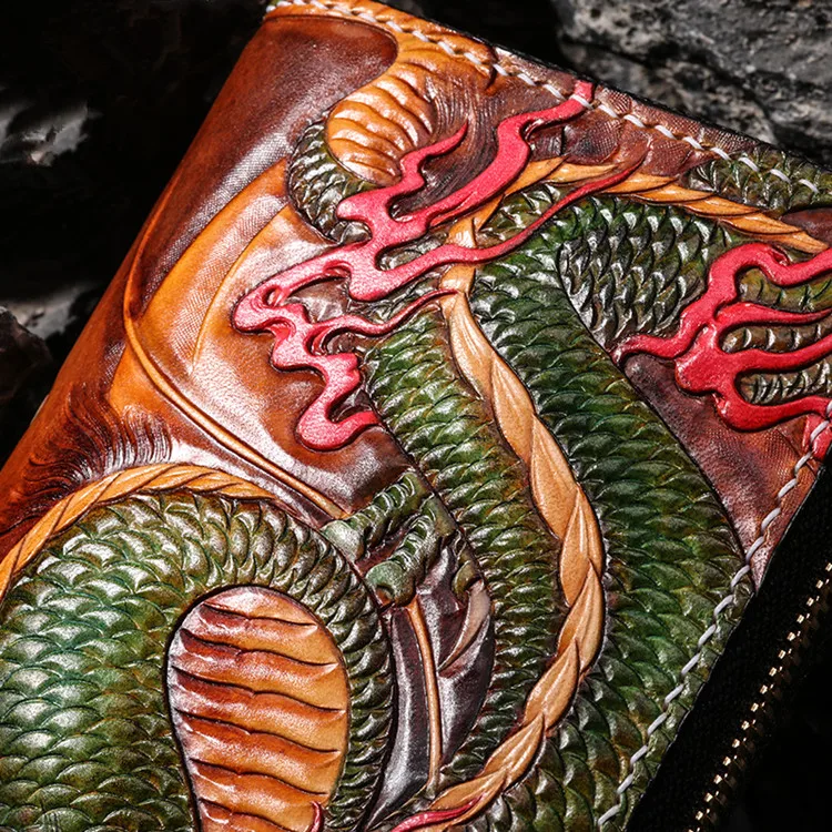 Handmade Wallets Carving Double Dragon Blessing Purses Men Long Clutch Vegetable Tanned Leather Wallet Card Holder