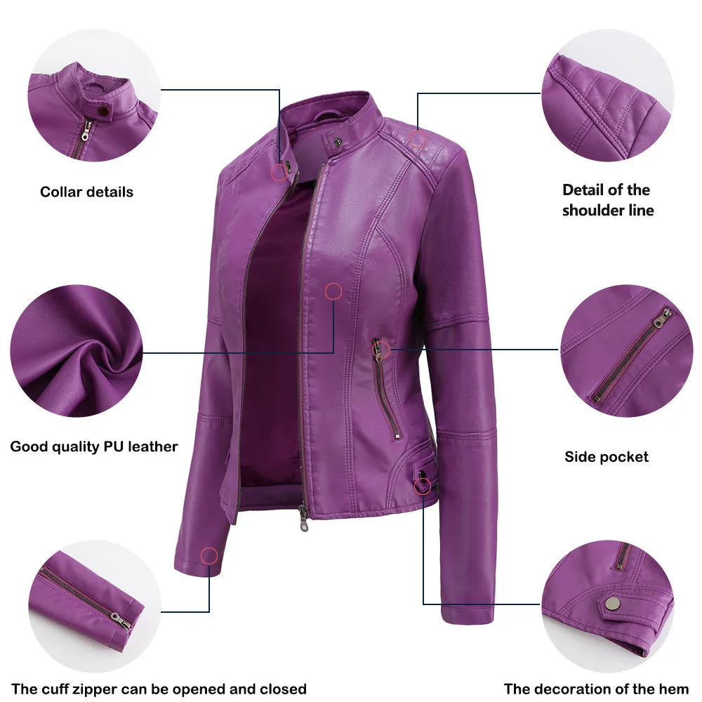 Women Leather Jacket Autumn Thin Ladies Motorcycle Jacket PU Leather Jacket Stand Collar Female Black Faux Leather Outwear