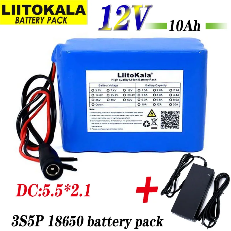 Liitokala Protection 12V 10ah 18650 lithium Rechargeable battery 12v 10000mAh for Monitor emergency lights +12.6v 3A Charger