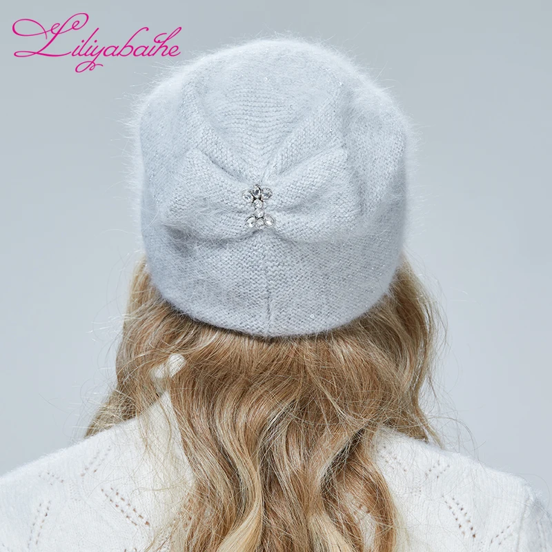 Liliyaibaihe Women hat Front and back diamond butterfly decoration For the girl Autumn winter Angora hats
