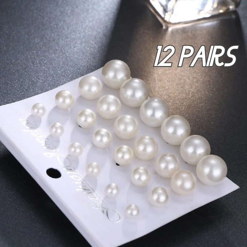 

12 pairs White Simulated Pearl Earrings Set For Women Jewelry On Ear Ball Stud Earrings kit Bijouteria brincos Bijoux