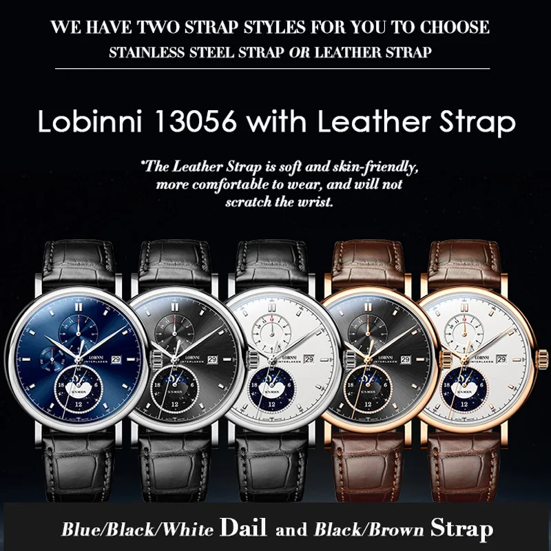 LOBINNI Moon Phase Seagull Movement Rose Gold Case Stainless Steel Strap Men Watch Luxury Automatic Self Wind Mechanical Watch