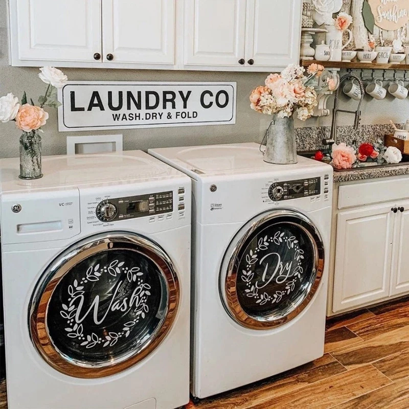 Wash Dry Laundry Room Decor Vinyl Decal Set Washing Machines Farmhouse Laundry Decor With Floral Wreath Vinyl Stickers Laundry