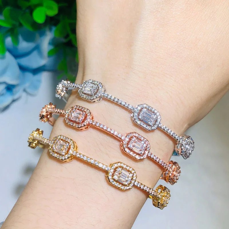 CWWZircons Stackable Square Cubic Zirconia 585 Rose Gold Color Cuff Bangle Braclet Ring Set for Women Fashion Brand Jewelry T100