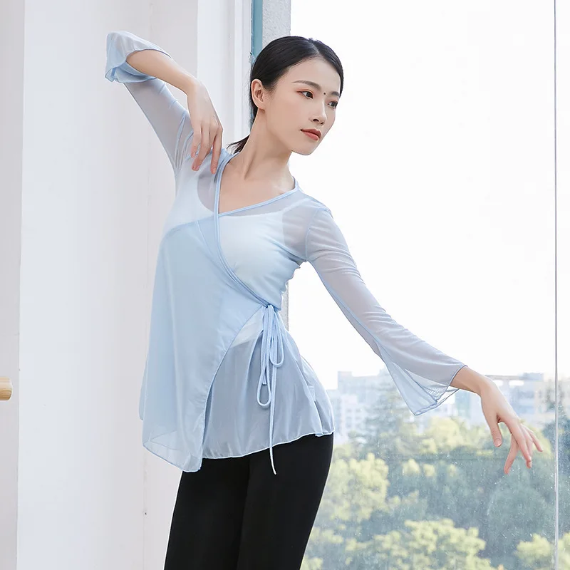 Sexy Transparent Classical Dance Shirt Long Sleeve Flowy Body Rhyme Gauze Top Women Folk Dance Practice Wear Light Weight