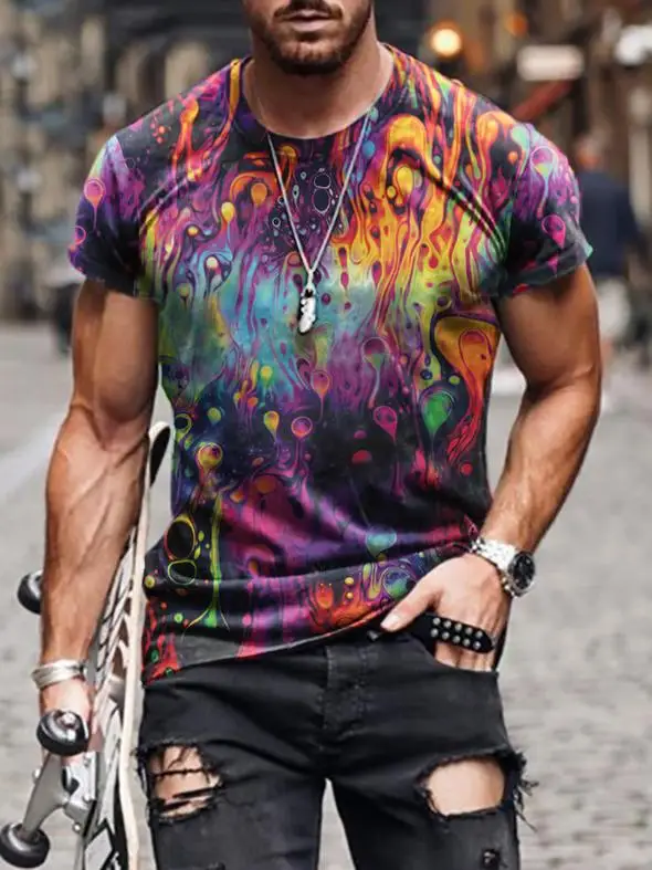 Summer New Men Fashion scrawl Harajuku Printed O Collared Ethnic Style T Shirts Men\'s Oversized Vintage Short Sleeve Tshirts