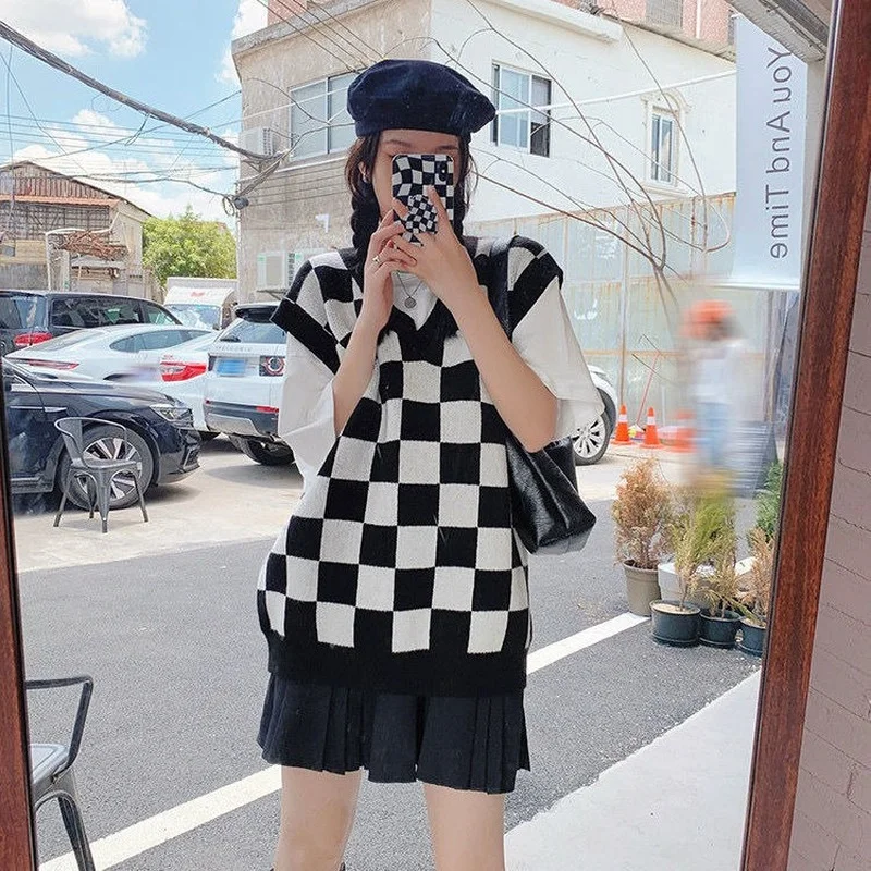 Plaid Pullover Weste Frauen Streetwear Vintage Lose Koreanischen Stil V-ausschnitt Studenten Damen Frühling Herbst Alle-spiel Weibliche Chic Ulzzang