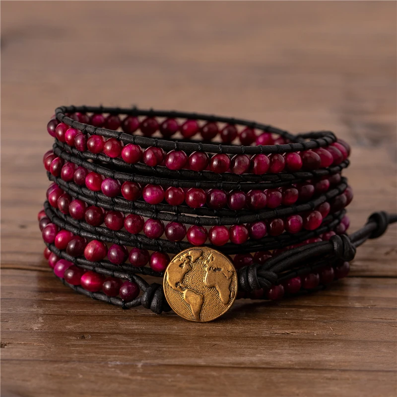 

High 4mm Pink Tiger Eye Beaded 5 Wraps Bracelet Boho leather wrap bracelet Bohemian Cuff Bracelet Gift for Friends Dropshipping