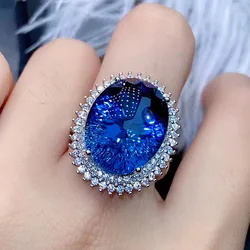Big Oval 7 Carats Blue Crystal Sapphire Topaz Gemstones Diamond Rings for Women White Gold Silver Color Party Jewelry Bague Gift
