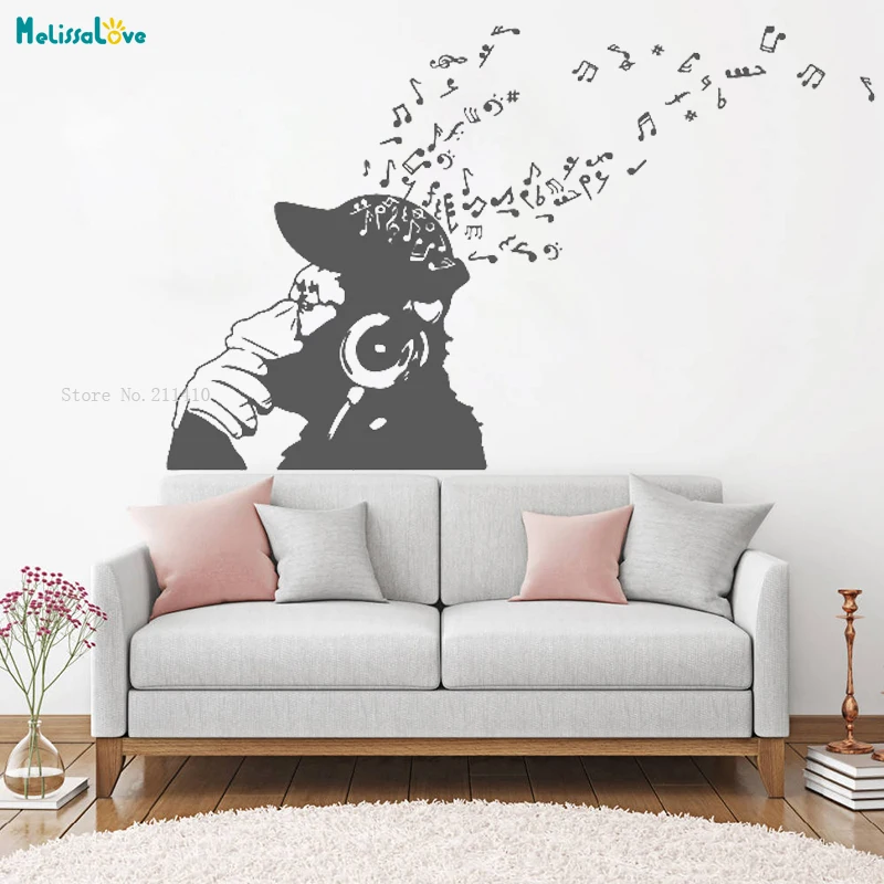 Famous Graffiti Wall Sticker Vinyl Monkey Chimp Decals Headphones Listening Music Home Decor Self-adhesive Murals YT1950