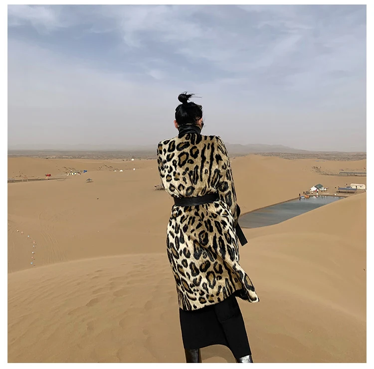 Lautaro Winter Long Leopard Print Warm Fluffy Faux Fur Trench Coat for Women Long Sleeve Double Breasted European Fashion 2021