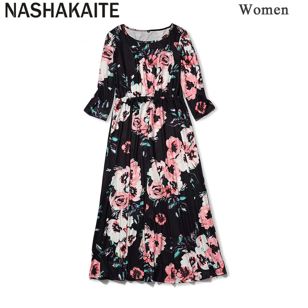 NASHAKAITE Mommy and me clothes Black Floral Half Sleeve Mom and Daughter Dress 2021 Spring Mother and Daughter Clothes