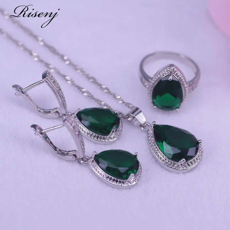 Russian Hot Sale Style Big Water Drop Square Green Stone Silver 925 Jewelry For Women Ring Necklace Earring Set