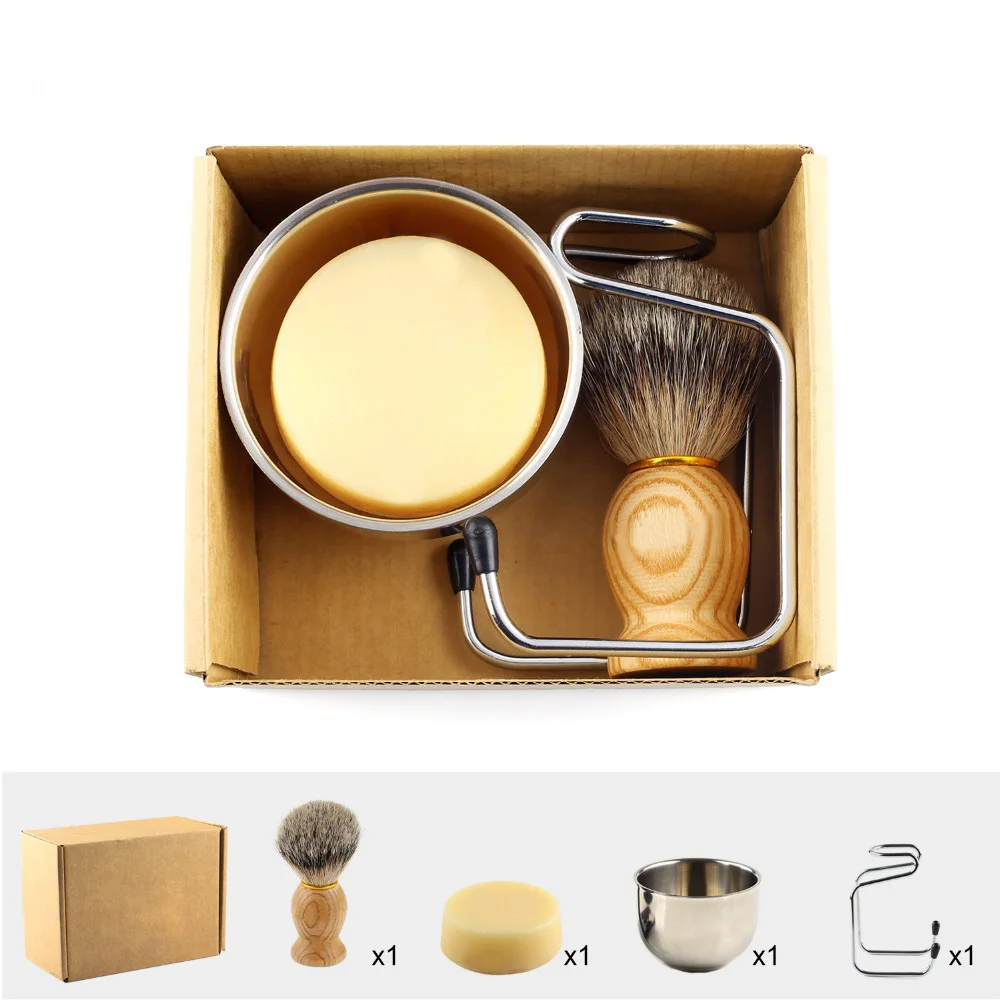 4pcs Pure Badger Shaving Brush Set,Wood 100% Stainless Steel Stand,2 Layers Shave Bowl,Goat Milk Soap for Men Wet Shave Kit 22mm