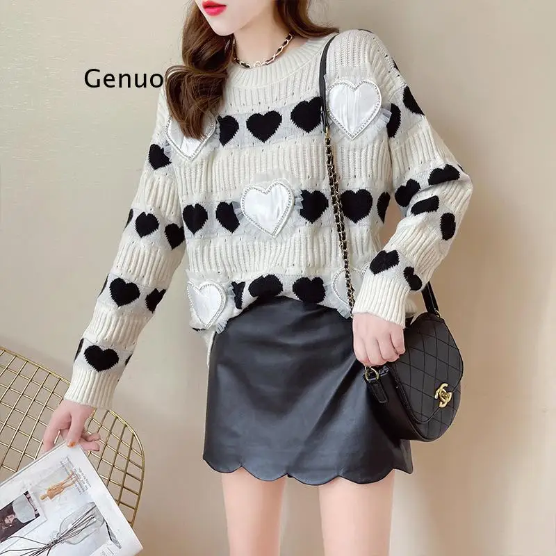 

Spring Autumn Harajuku Chic Heart Pearl Soft Women Knit Sweater Ladies Long Sleeve Korean Casual Pullover Jumper