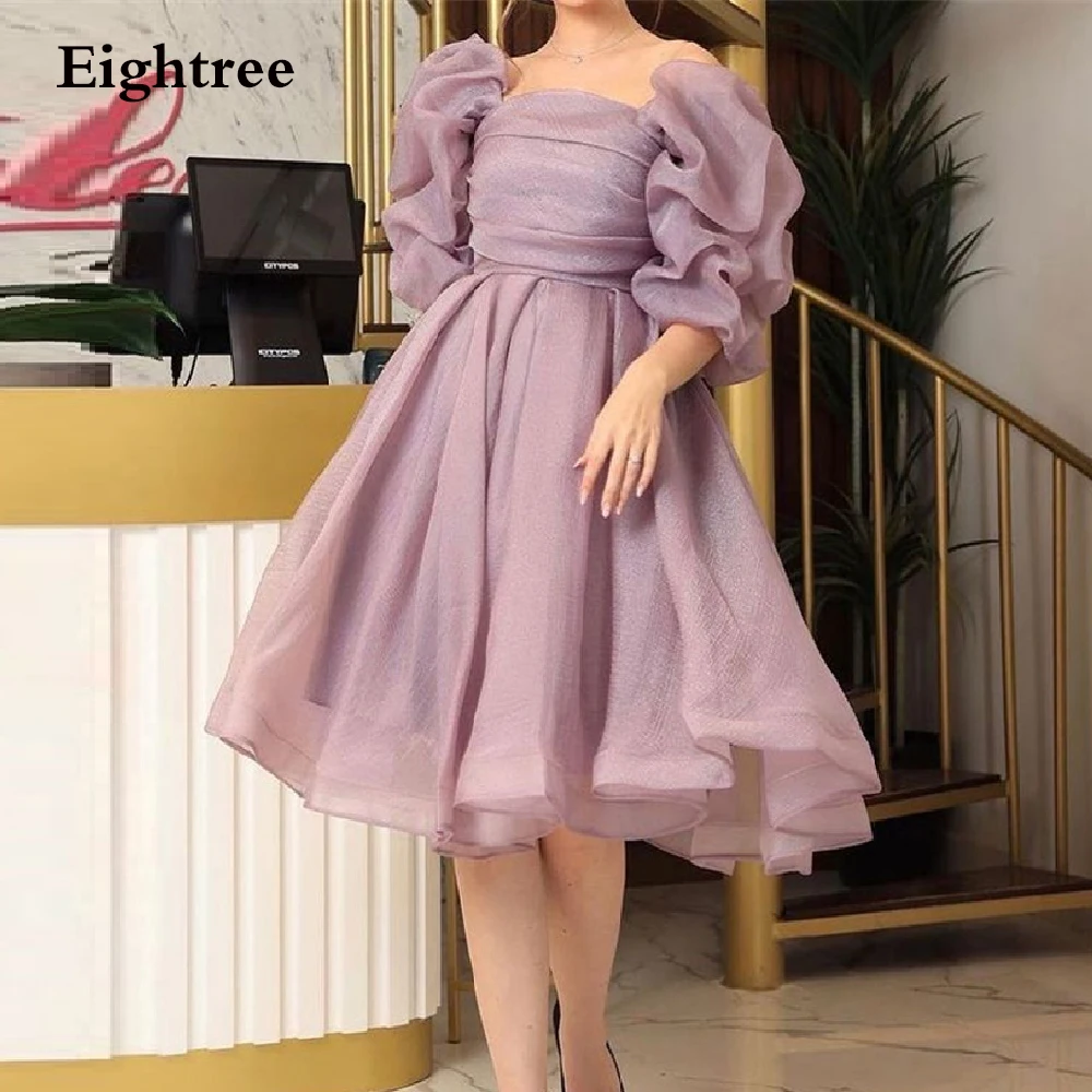 2022 Simple Purple Blue Organza A Line Evening Dresses Short Sleeves Formal Night Prom Dress Party Gowns Vestidos de festa