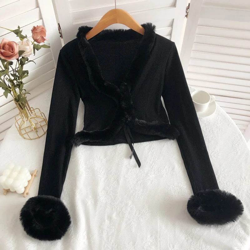 Nomikuma Fashion Fur Patchwork Women Shirts Sexy Crop Top Blouse Cardigan 2023 Autumn New Bow Tie Korean Blusas 6V369