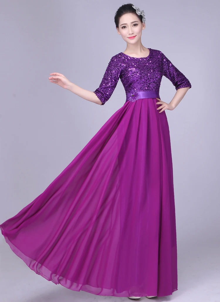 XYF-60#Evening Dress Long O-Neck Chiffon Purple Royal Blue Red Performance dresses O-Neck Sequins Wholesale women\'s Clothing