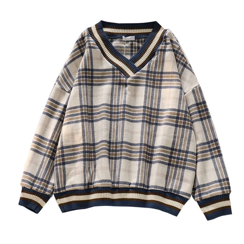 

Pullovers Women Chic Plaid Vintage V-neck Daily Oversize Preppy Girls Knitwear Fall Casual All-match Ins Womens Tops