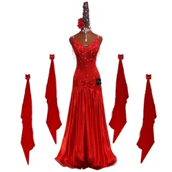 Vestido de Dança de Salão para Adultos e Crianças, Trajes de Competição Saia Personalizada de Performance Bordada Vermelha, Nova Chegada