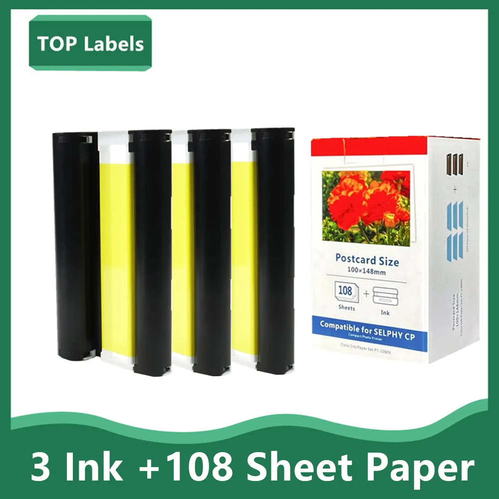 

RP-108 for Canon Selphy Color Ink Paper Set Compact Photo Printer CP1200 CP1300 CP910 CP900 108 Paper and 3pcs Ink Cartridge