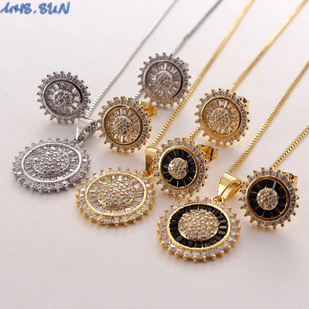 MHS.SUN Newest Round Zircon Pendant Necklace Earrings For Women Jewelry Set Gold/Silver Color Chain Crystal Necklace For Party