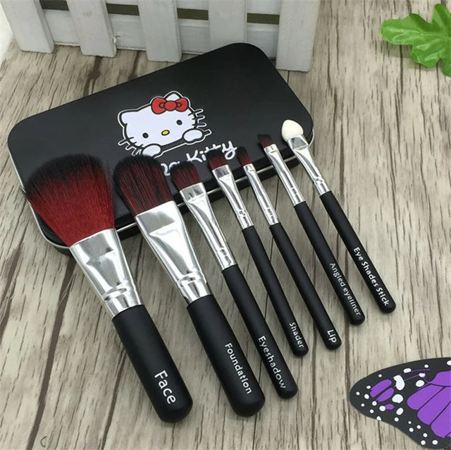 Saiantth Iron Box 7pcs kitty cat makeup brushes set mini cute portable beauty foundation blush lip eyeshadow eyebrow cosmetic