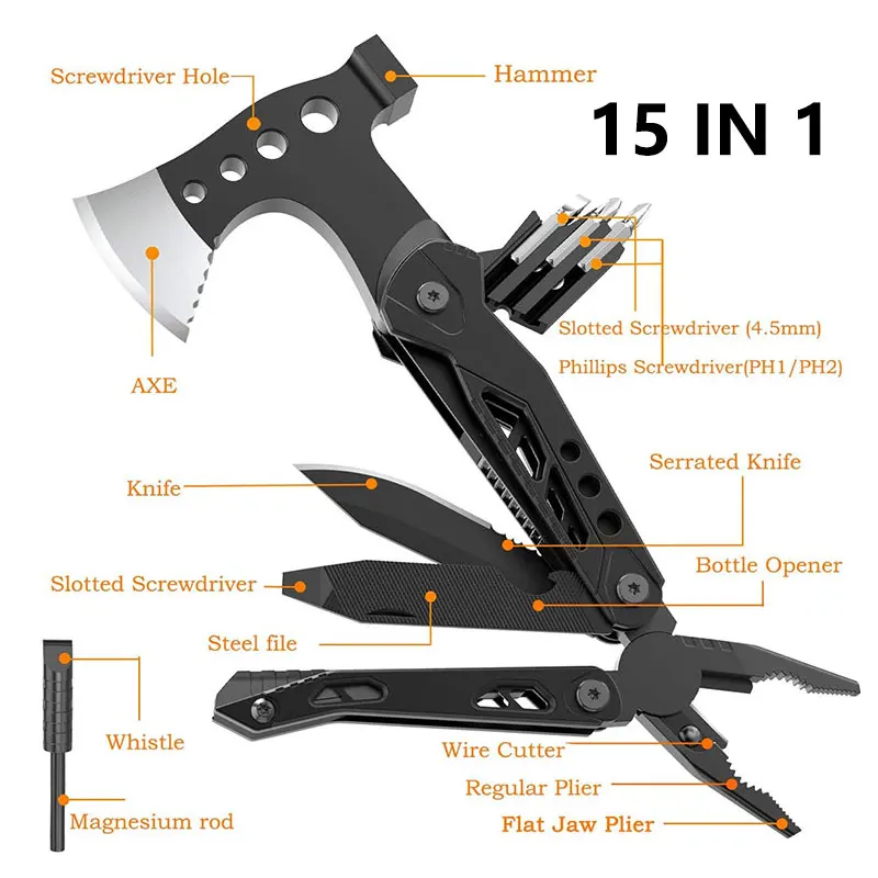 Outdoor EDC Multifunction Hammer Survival Axe Camping Mountaineering Portable Folding Pliers Combination Screwdriver Opener Tool