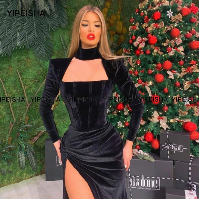 Yipeisha Long Sleeves Black Evening Gown High Collar Long Velour Prom Dresses Side Slit Velvet Party Dress Plus Size