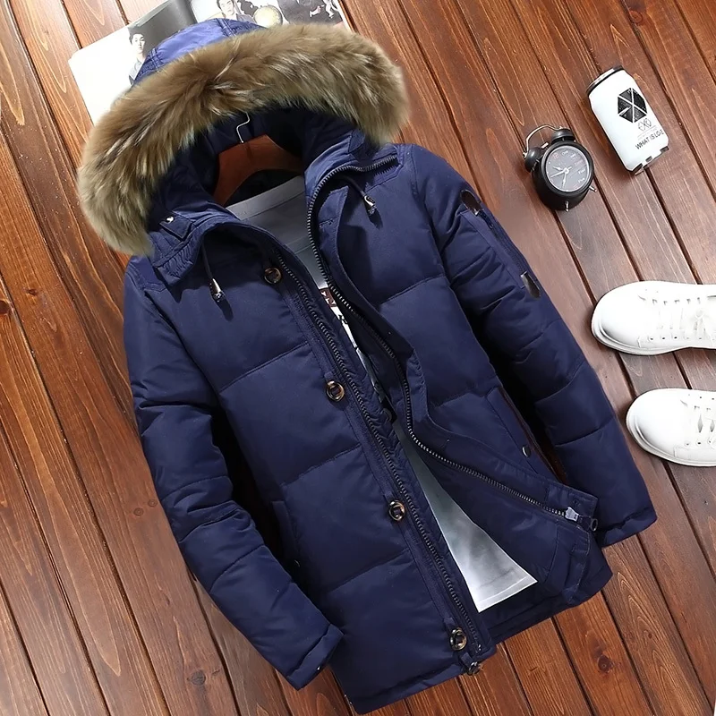 Winter Mannen Dikke Capuchon Donsjack Casual Mens Effen Kleur Witte Eend Down Jas Met Bontkraag Mannelijke Warm rits Uitloper Top