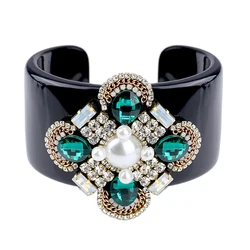 HAHA&TOTO Trendy Black Resin Bangle Cuff Bracelet Inlaid Handmade Crystal Beaded Flower Statement Bracelet Women Jewelry 3307