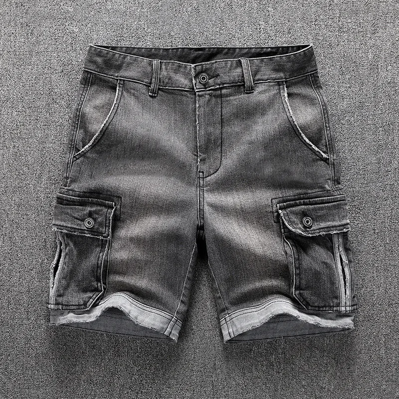 MORUANCLE Mens Vintage Cargo Denim Shorts With Pockets Washed Straight Short Jeans For Man Casual Tactical Jeans Shorts